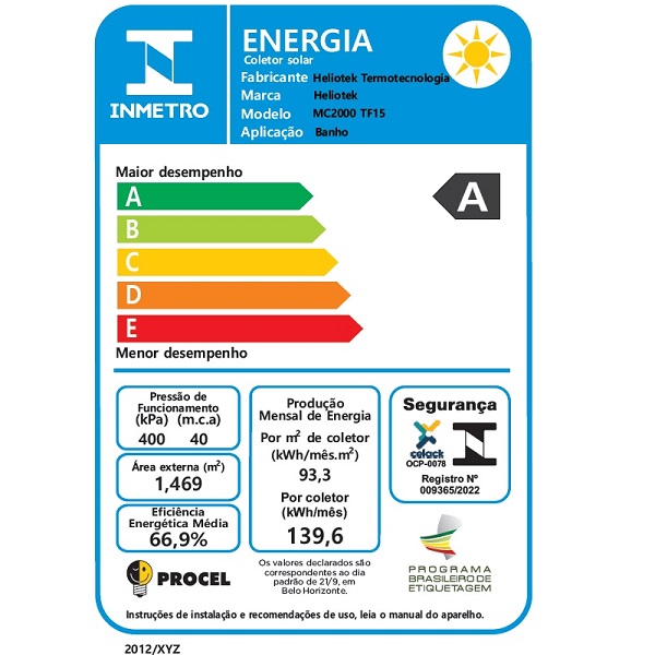 etiqueta inmetro de coletor solar MC 1300 TF15
